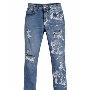 Zara Distressed Blue Denim Jeans With White Graphic Print Size 30